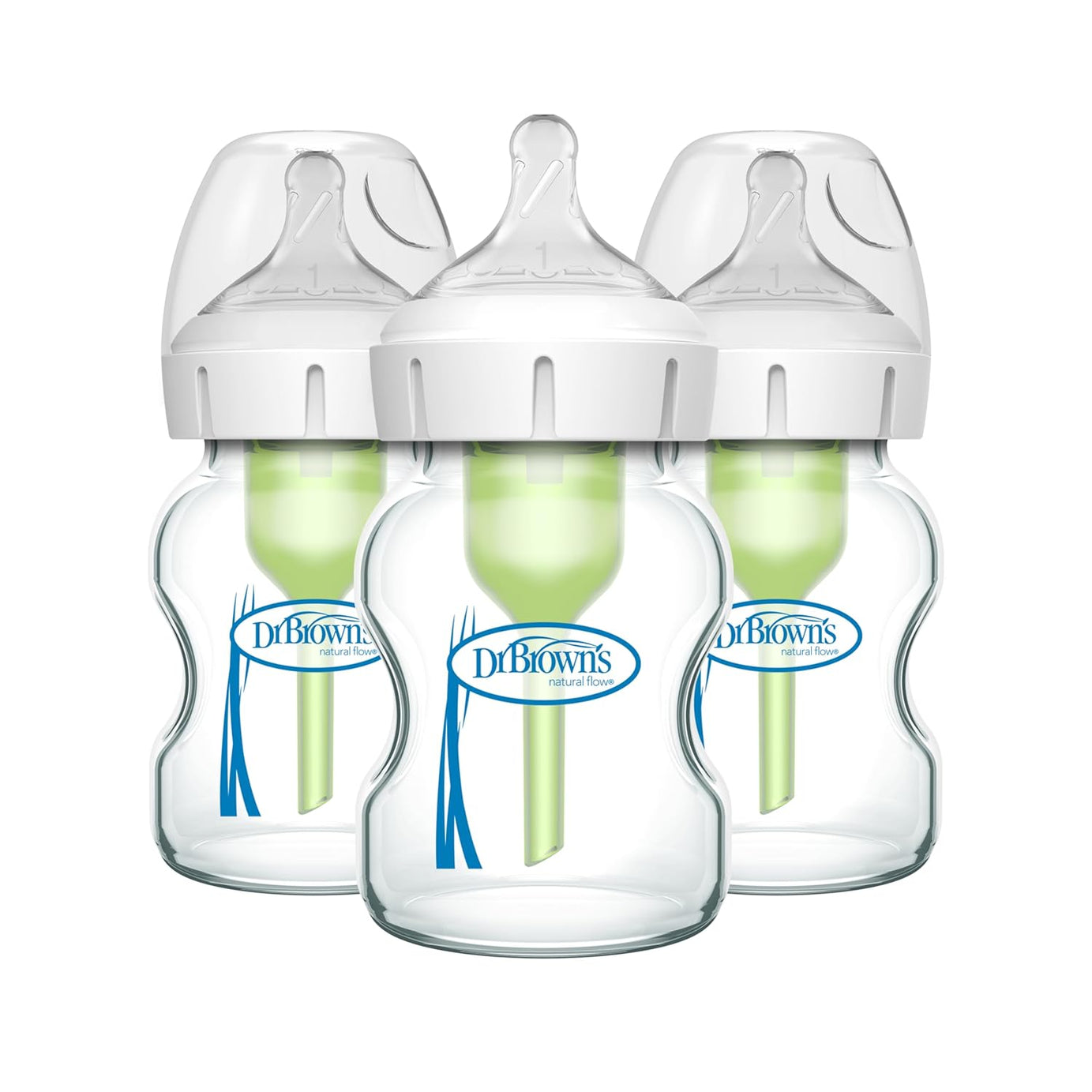 Dr. Brown’s Natural Flow Anti-Colic Options+ Wide-Neck Glass Baby Bottles 150ml (5 oz), 3-Pack | Level 1 Slow Flow Nipple | Newborn Feeding Bottle 0M+ | BPA-Free Glass | Anti-Gas, Anti-Spit-Up