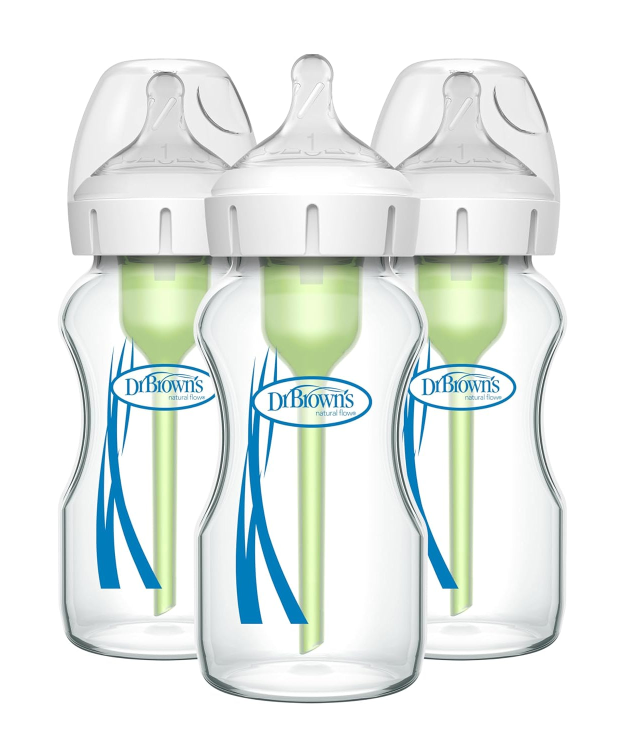 Three Dr. Brown's baby bottles with clear bottles and white caps on a white background