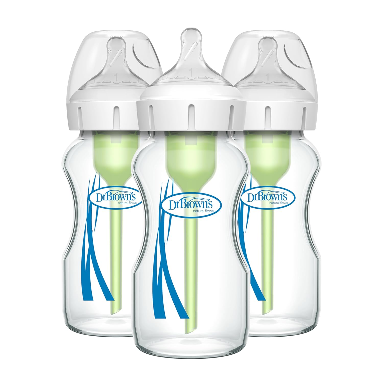 Three Dr. Brown's baby bottles with clear bottles and white caps on a white background