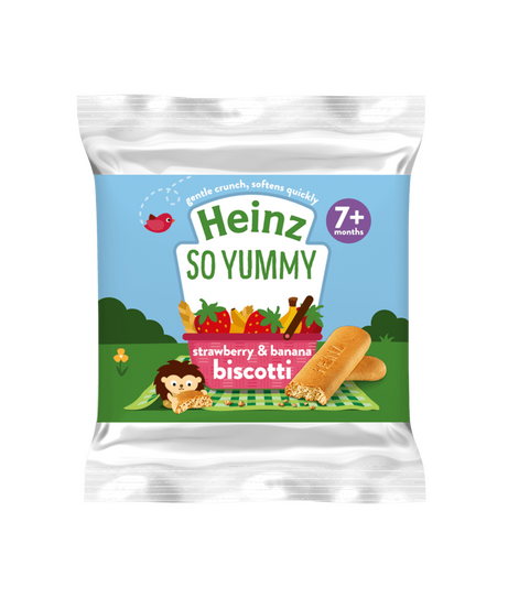 Heinz So Yummy Strawberry & Banana Biscotti for Babies 7+ Months – 60g Fruity Baked Finger Snack | Soft Baby-Led Weaning Biscuit with Real Fruit Purees | No Artificial Flavours - MINIMEE KIDS