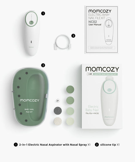 Momcozy Electric Baby Nail File Kit NC02 - Whisper Quiet Low Noise Trimmer with 360° Fog LED Light, 4 Adjustable Speeds, Rechargeable Battery, and Safe Grinding Pads for Gentle Baby Nail Care