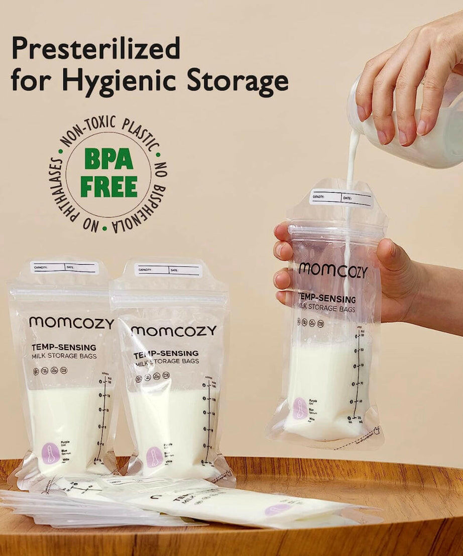 Momcozy Temp-Sensing Breast Milk Storage Bags - Leakproof, BPA-Free, Presterilized Double Zipper Seal Bags for Freezer & Safe Breastmilk Storage - 50pcs | 180ml - MINIMEE KIDS