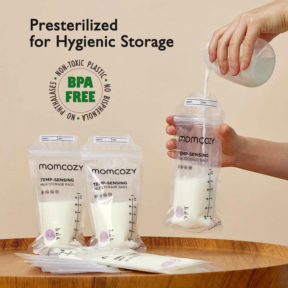 Momcozy Temp-Sensing Breast Milk Storage Bags - Leakproof, BPA-Free, Presterilized Double Zipper Seal Bags for Freezer & Safe Breastmilk Storage - 50pcs | 180ml
