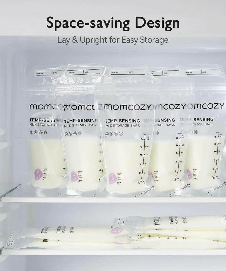 Momcozy Temp-Sensing Breast Milk Storage Bags - Leakproof, BPA-Free, Presterilized Double Zipper Seal Bags for Freezer & Safe Breastmilk Storage - 50pcs | 180ml - MINIMEE KIDS