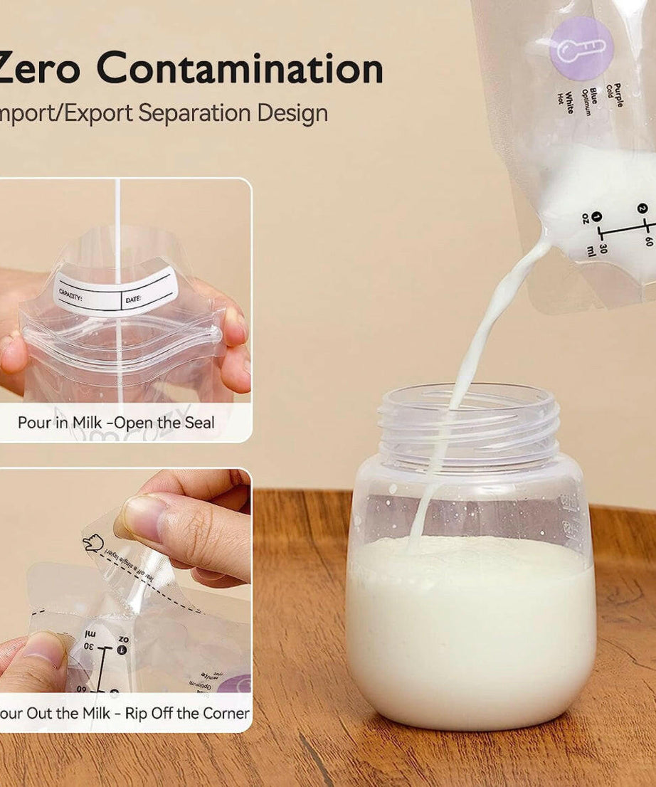 Momcozy Temp-Sensing Breast Milk Storage Bags - Leakproof, BPA-Free, Presterilized Double Zipper Seal Bags for Freezer & Safe Breastmilk Storage - 50pcs | 180ml - MINIMEE KIDS