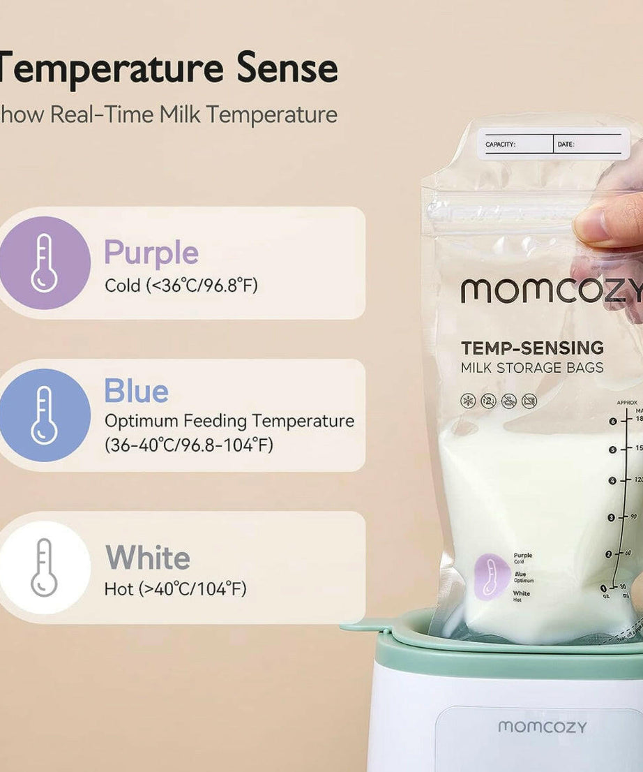 Momcozy Temp-Sensing Breast Milk Storage Bags - Leakproof, BPA-Free, Presterilized Double Zipper Seal Bags for Freezer & Safe Breastmilk Storage - 50pcs | 180ml - MINIMEE KIDS