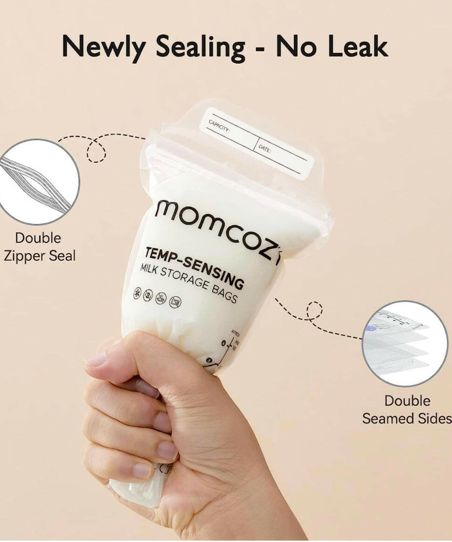 Momcozy Temp-Sensing Breast Milk Storage Bags - Leakproof, BPA-Free, Presterilized Double Zipper Seal Bags for Freezer & Safe Breastmilk Storage - 50pcs | 180ml - MINIMEE KIDS