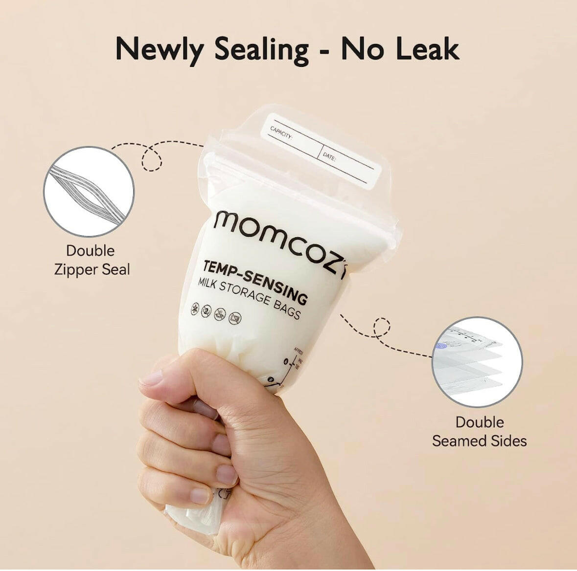 Momcozy Temp-Sensing Breast Milk Storage Bags - Leakproof, BPA-Free, Presterilized Double Zipper Seal Bags for Freezer & Safe Breastmilk Storage - 50pcs | 180ml