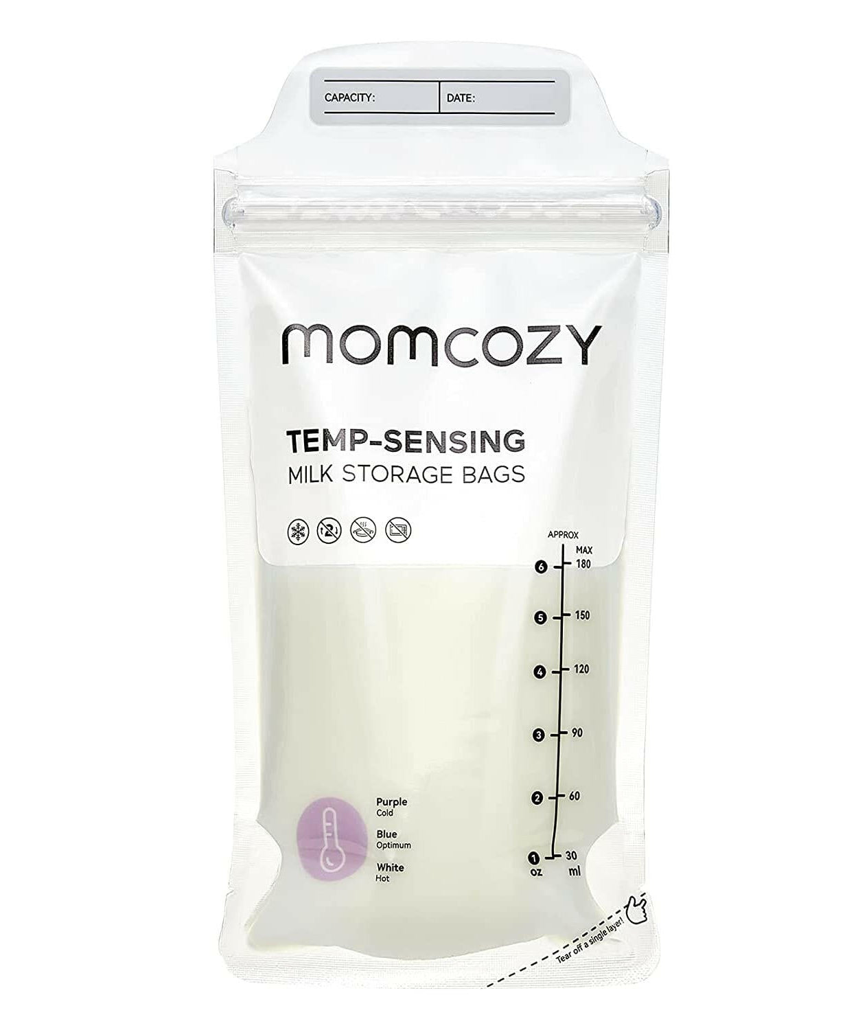 Momcozy Temp-Sensing Breast Milk Storage Bags - Leakproof, BPA-Free, Presterilized Double Zipper Seal Bags for Freezer & Safe Breastmilk Storage - 50pcs | 180ml - MINIMEE KIDS