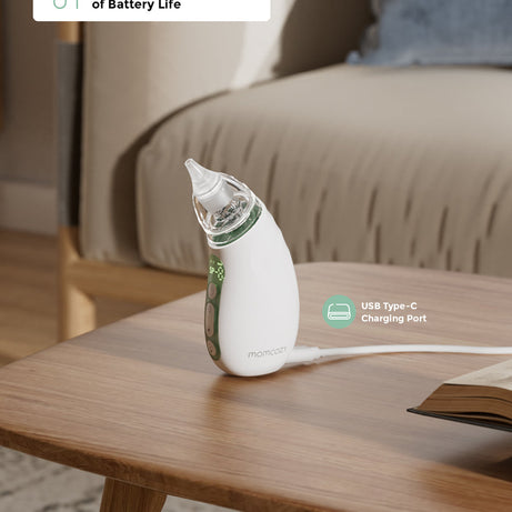 Momcozy I am Baby Nasal Aspirator BN02 with 65 Kpa Strong Suction, Self-Cleaning Function, Soothing Lullabies, Tricolor Light & BPA-Free Design for Gentle Baby Nose Care