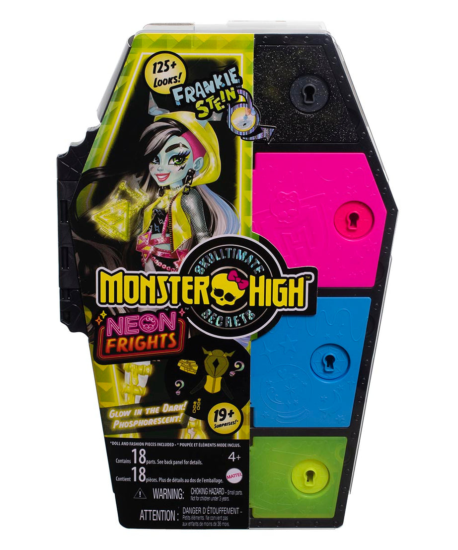 Monster High Skulltimate Secrets: Neon Frights Frankie Stein Doll Set | 125+ Looks, Glow-in-the-Dark Accessories & 19+ Surprises | Coffin Locker Storage for Kids Age 4+