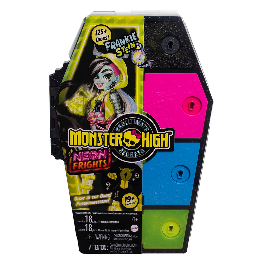 Monster High Skulltimate Secrets: Neon Frights Frankie Stein Doll Set | 125+ Looks, Glow-in-the-Dark Accessories & 19+ Surprises | Coffin Locker Storage for Kids Age 4+