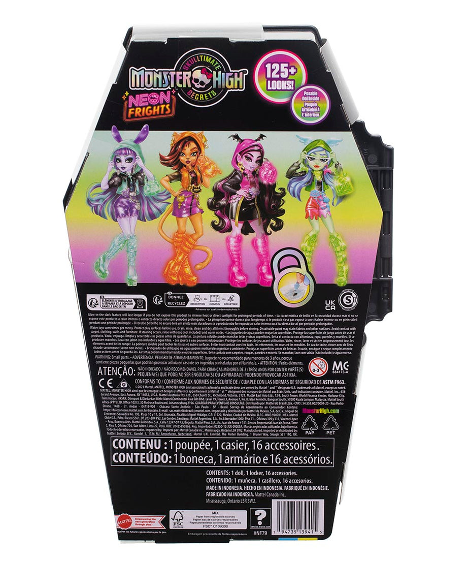 Monster High Skulltimate Secrets: Neon Frights Frankie Stein Doll Set | 125+ Looks, Glow-in-the-Dark Accessories & 19+ Surprises | Coffin Locker Storage for Kids Age 4+