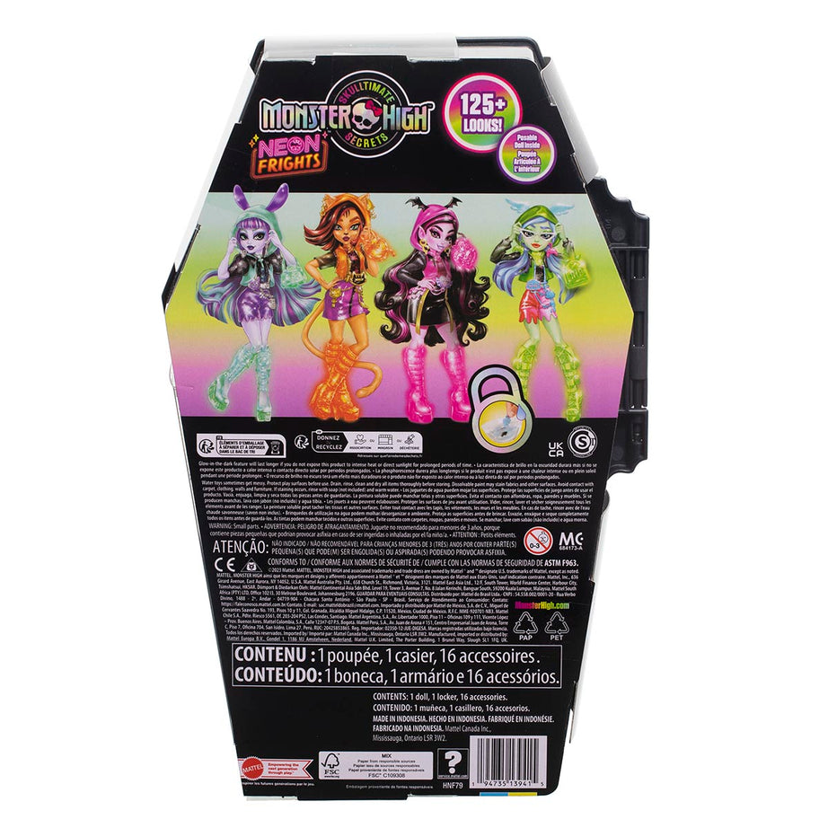 Monster High Skulltimate Secrets: Neon Frights Frankie Stein Doll Set | 125+ Looks, Glow-in-the-Dark Accessories & 19+ Surprises | Coffin Locker Storage for Kids Age 4+