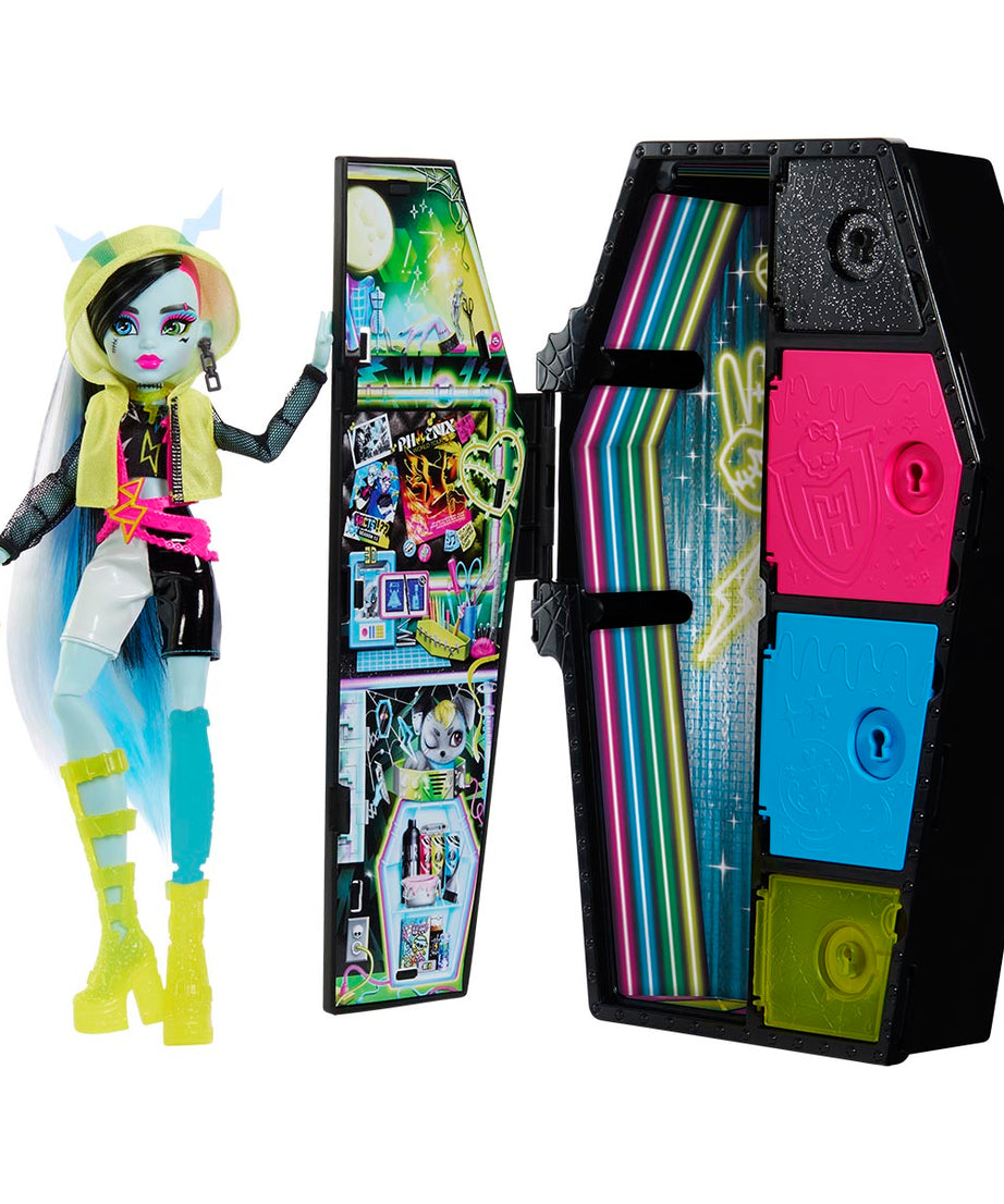 Monster High Skulltimate Secrets: Neon Frights Frankie Stein Doll Set | 125+ Looks, Glow-in-the-Dark Accessories & 19+ Surprises | Coffin Locker Storage for Kids Age 4+