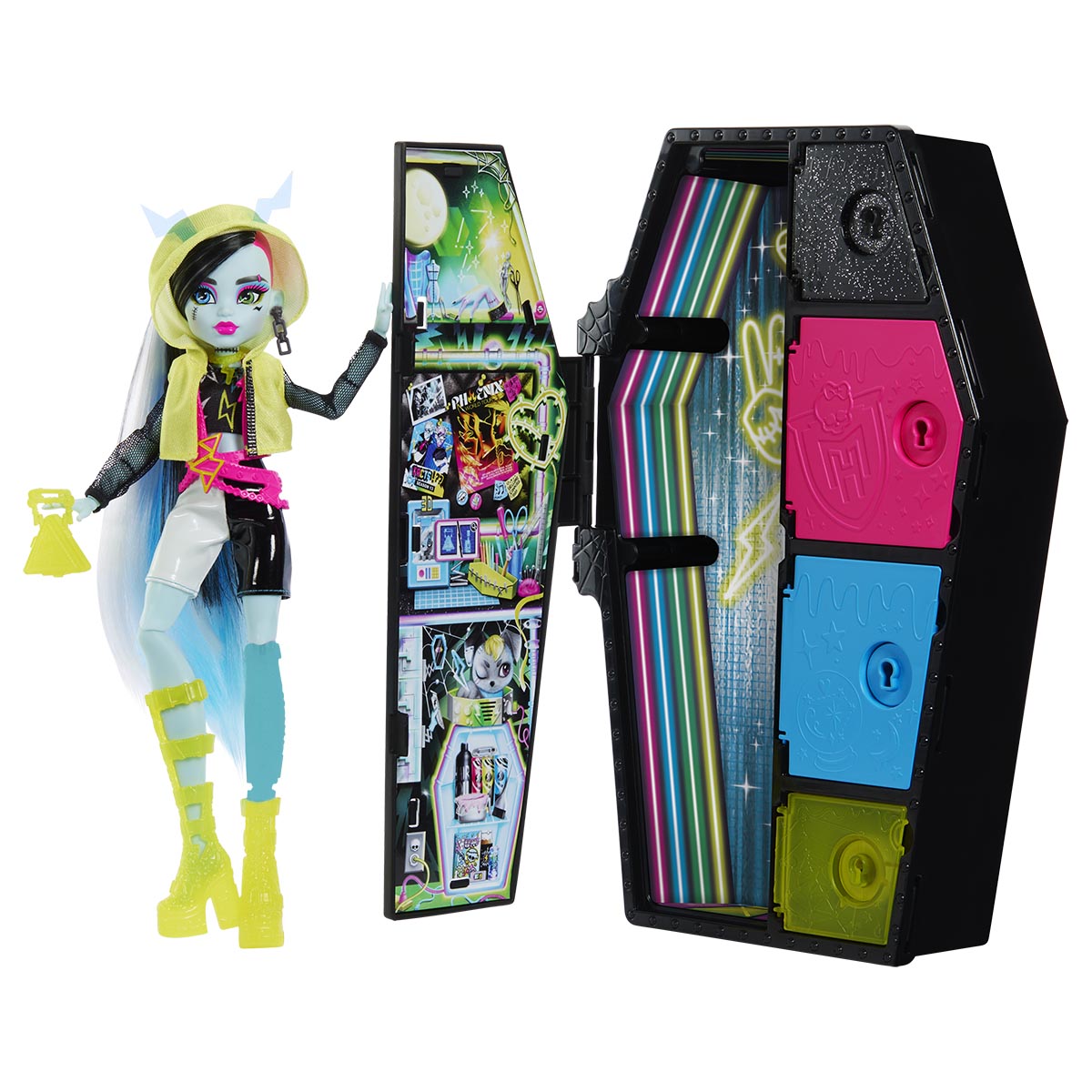 Monster High Skulltimate Secrets: Neon Frights Frankie Stein Doll Set | 125+ Looks, Glow-in-the-Dark Accessories & 19+ Surprises | Coffin Locker Storage for Kids Age 4+