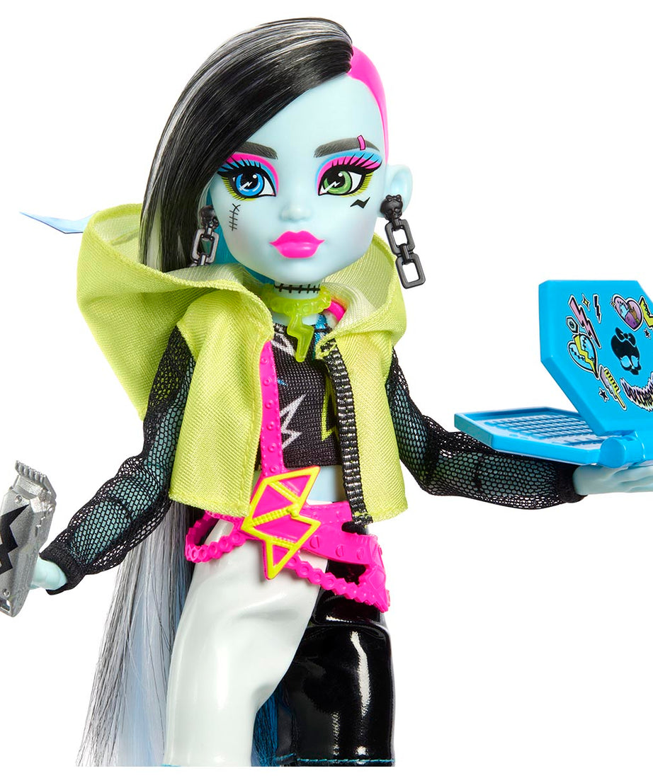 Monster High Skulltimate Secrets: Neon Frights Frankie Stein Doll Set | 125+ Looks, Glow-in-the-Dark Accessories & 19+ Surprises | Coffin Locker Storage for Kids Age 4+