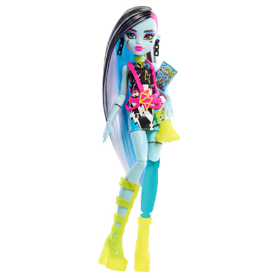 Monster High Skulltimate Secrets: Neon Frights Frankie Stein Doll Set | 125+ Looks, Glow-in-the-Dark Accessories & 19+ Surprises | Coffin Locker Storage for Kids Age 4+