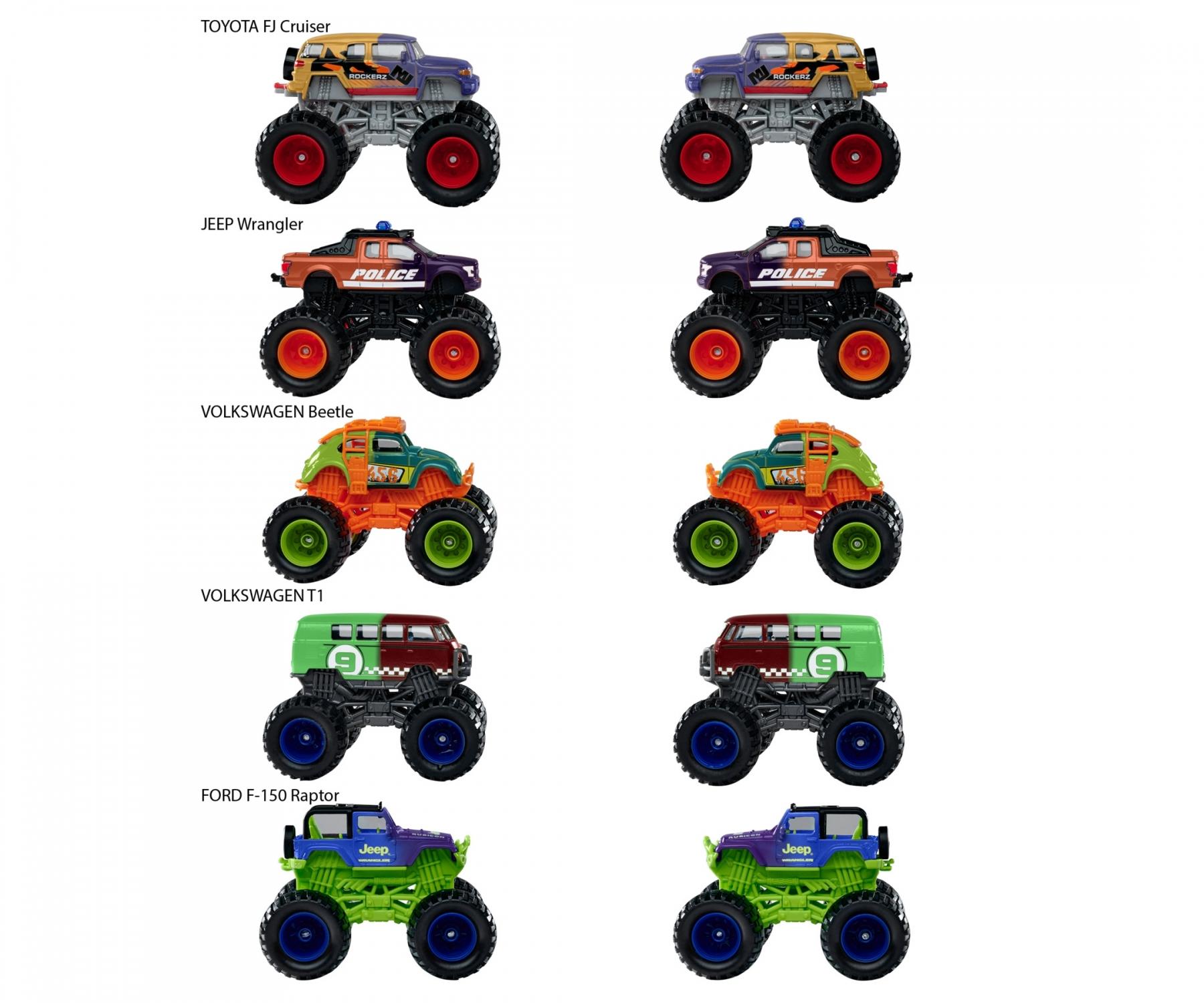 Majorette Monster Rockerz Color Changers – Volkswagen Beetle, Ford F-150 Raptor, Jeep Wrangler, Volkswagen T1, Toyota FJ Cruiser | 1 Random Monster Truck with Metal Body, Suspension & Color-Changing Paint | 3+ Years