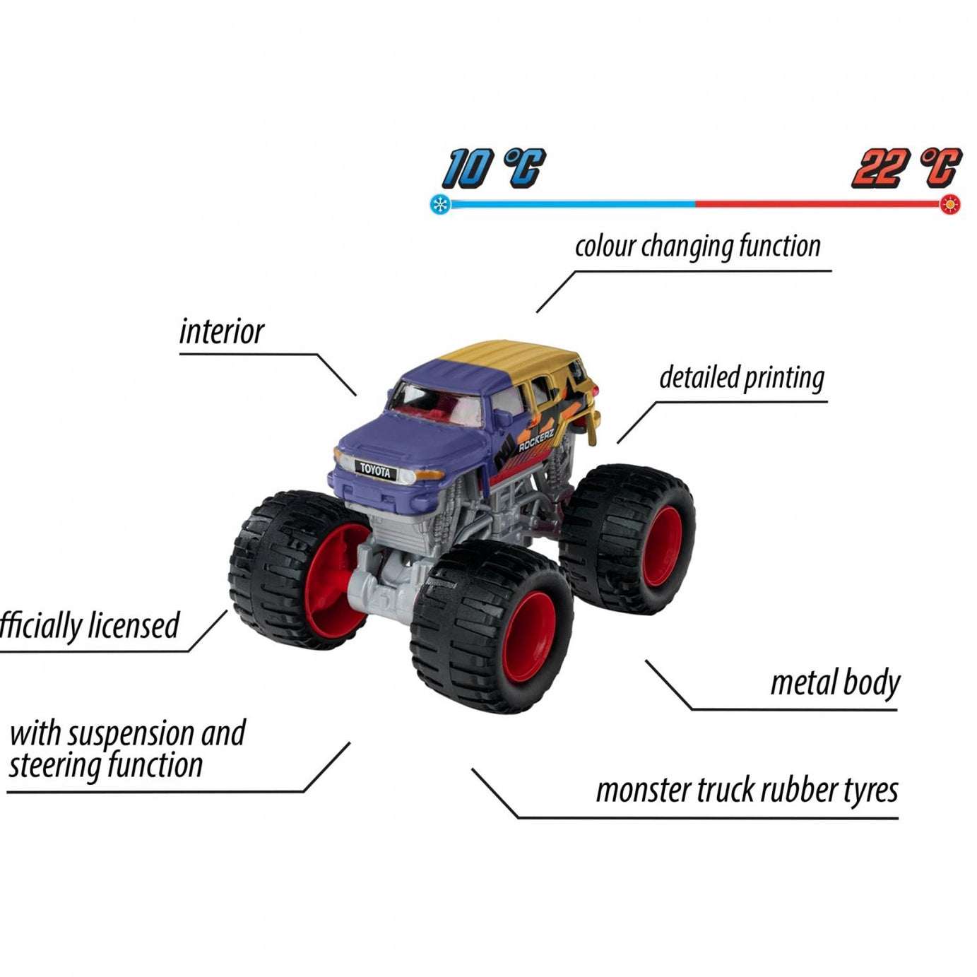 Majorette Monster Rockerz Color Changers – Volkswagen Beetle, Ford F-150 Raptor, Jeep Wrangler, Volkswagen T1, Toyota FJ Cruiser | 1 Random Monster Truck with Metal Body, Suspension & Color-Changing Paint | 3+ Years