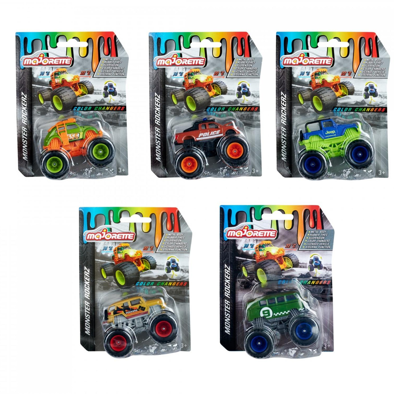 Majorette Monster Rockerz Color Changers – Volkswagen Beetle, Ford F-150 Raptor, Jeep Wrangler, Volkswagen T1, Toyota FJ Cruiser | 1 Random Monster Truck with Metal Body, Suspension & Color-Changing Paint | 3+ Years