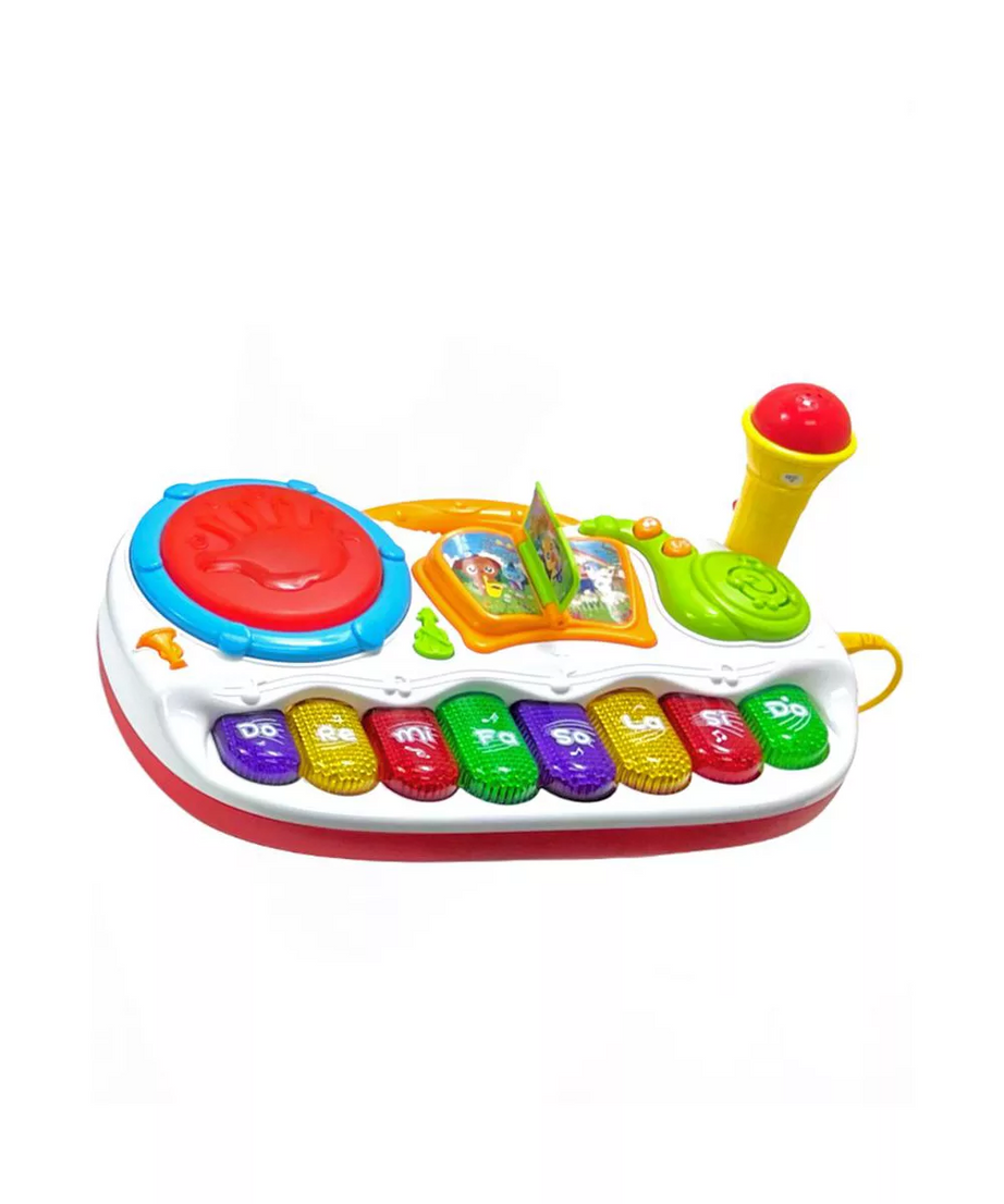 Colorful toy keyboard with microphone on a white background