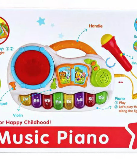 Fivestar Learning Fun Music Piano, baby musical toy piano, interactive piano with mic for toddlers, educational piano toy 12 months+, kids learning piano with lights and sounds, baby piano with trumpet violin sounds, safe non-toxic musical toy, fun piano for early learning and creativity.