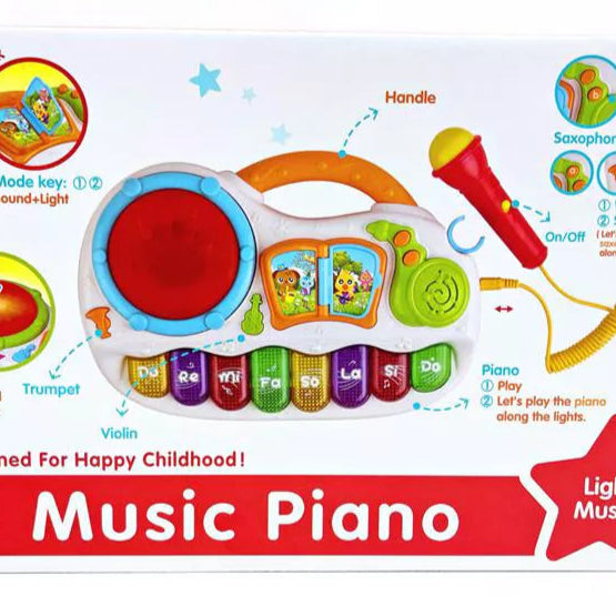 Fivestar Learning Fun Music Piano, baby musical toy piano, interactive piano with mic for toddlers, educational piano toy 12 months+, kids learning piano with lights and sounds, baby piano with trumpet violin sounds, safe non-toxic musical toy, fun piano for early learning and creativity.
