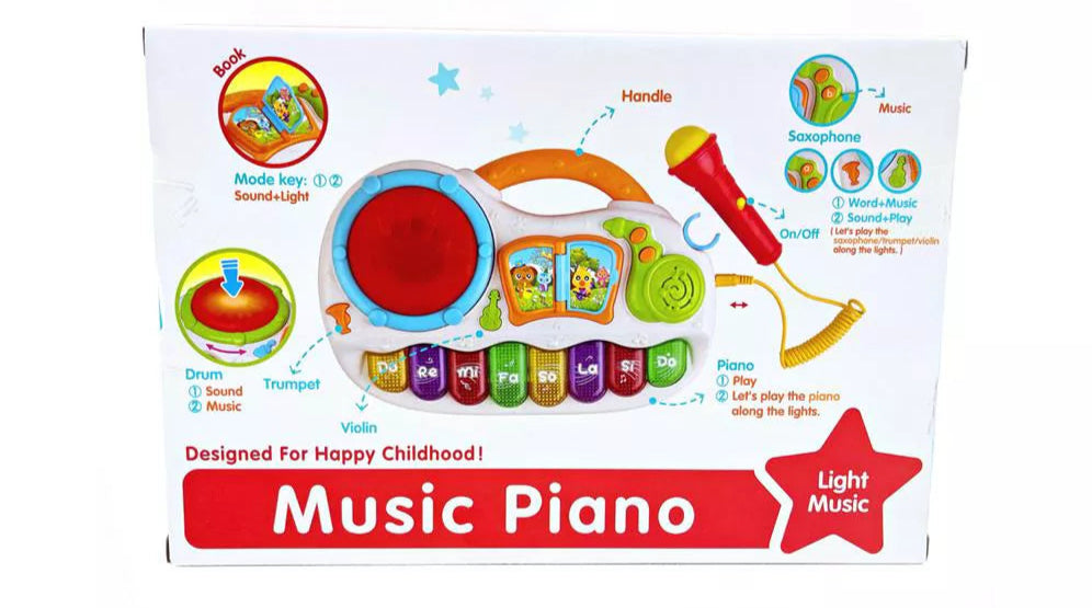 Fivestar Learning Fun Music Piano, baby musical toy piano, interactive piano with mic for toddlers, educational piano toy 12 months+, kids learning piano with lights and sounds, baby piano with trumpet violin sounds, safe non-toxic musical toy, fun piano for early learning and creativity.