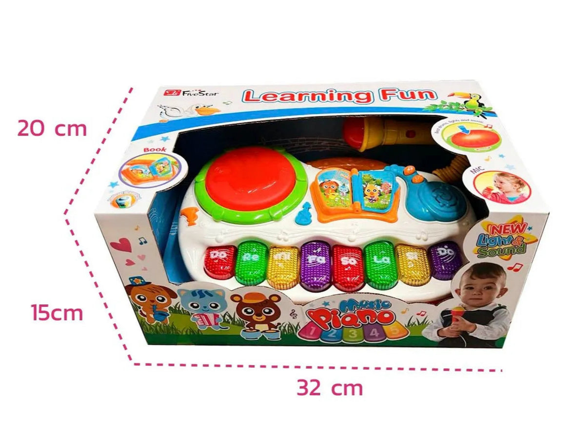 Toy piano with colorful keys and a child playing, branded 'Enfantasy', on a white background with dimensions indicated.