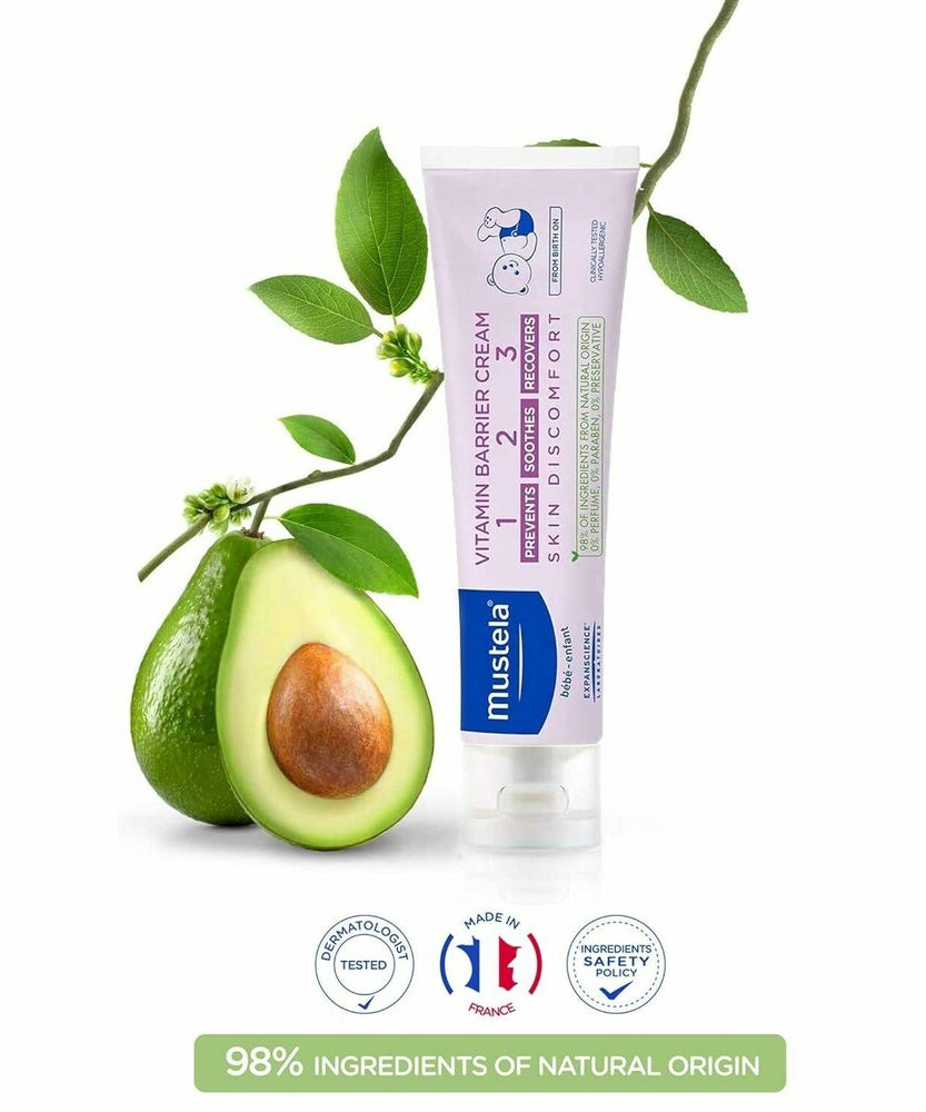 Mustela 1 2 3 Vitamin Barrier Cream – Diaper Rash Cream with Zinc Oxide & Avocado Perseose® for Baby Skin Protection, Soothing & Repairing Care | 100ml