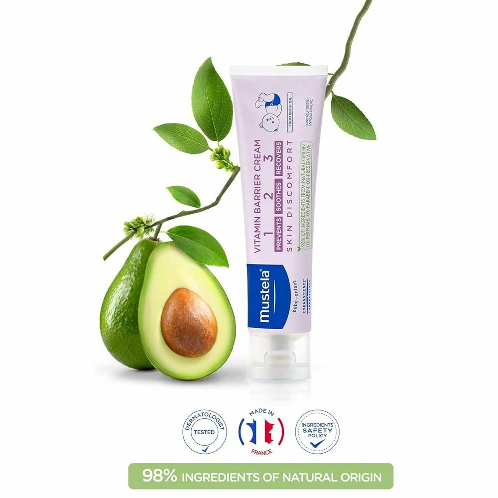 Mustela 1 2 3 Vitamin Barrier Cream – Diaper Rash Cream with Zinc Oxide & Avocado Perseose® for Baby Skin Protection, Soothing & Repairing Care | 100ml