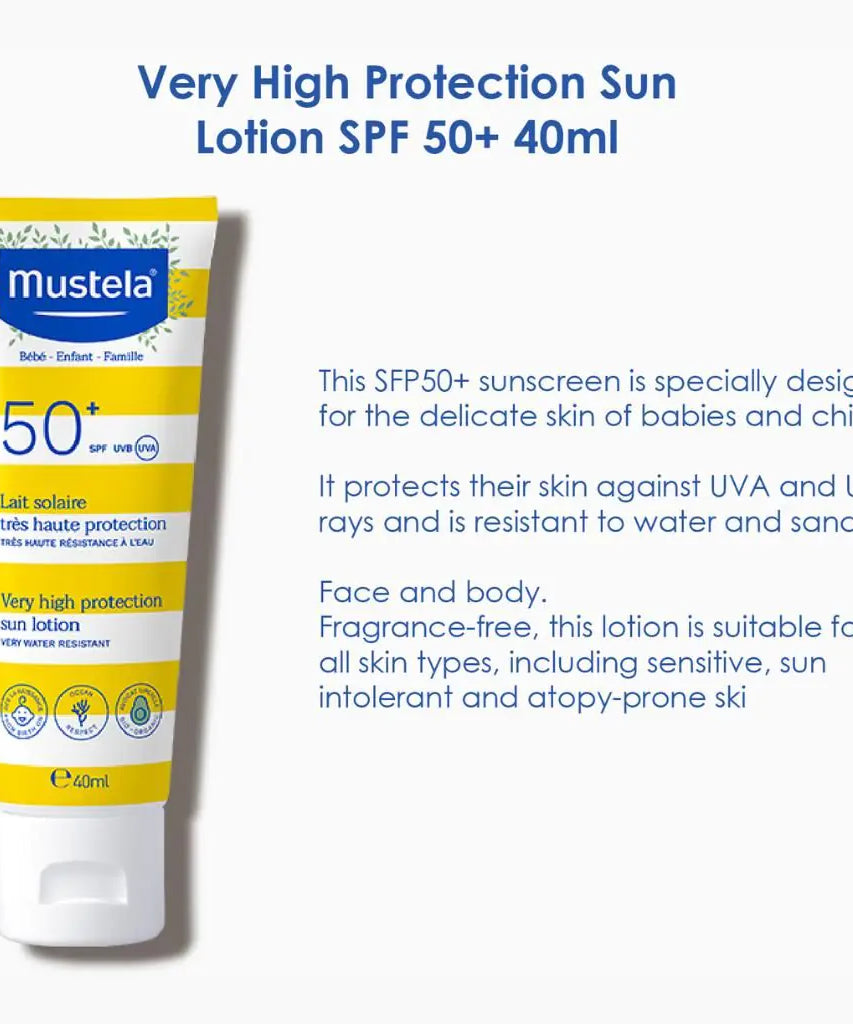 Mustela Very High Protection Sun Lotion SPF 50+ for Babies & Kids – Broad-Spectrum UVA & UVB Shield, Water & Sand Resistant | 40ml - MINIMEE KIDS