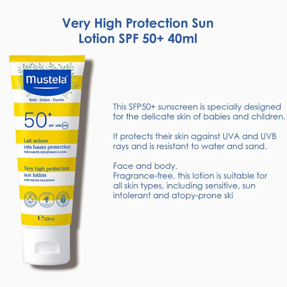 Mustela Very High Protection Sun Lotion SPF 50+ for Babies & Kids – Broad-Spectrum UVA & UVB Shield, Water & Sand Resistant | 40ml