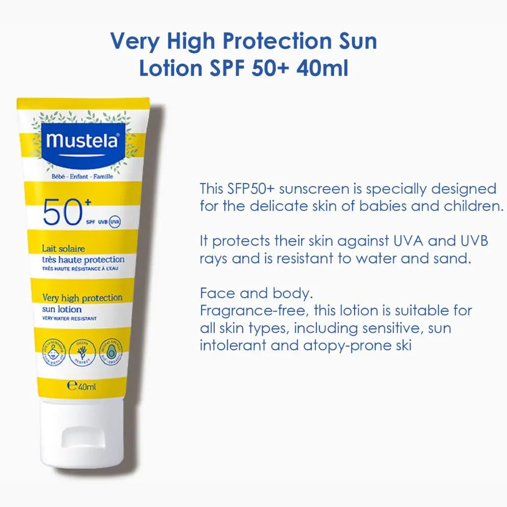 Mustela Very High Protection Sun Lotion SPF 50+ for Babies & Kids – Broad-Spectrum UVA & UVB Shield, Water & Sand Resistant | 40ml