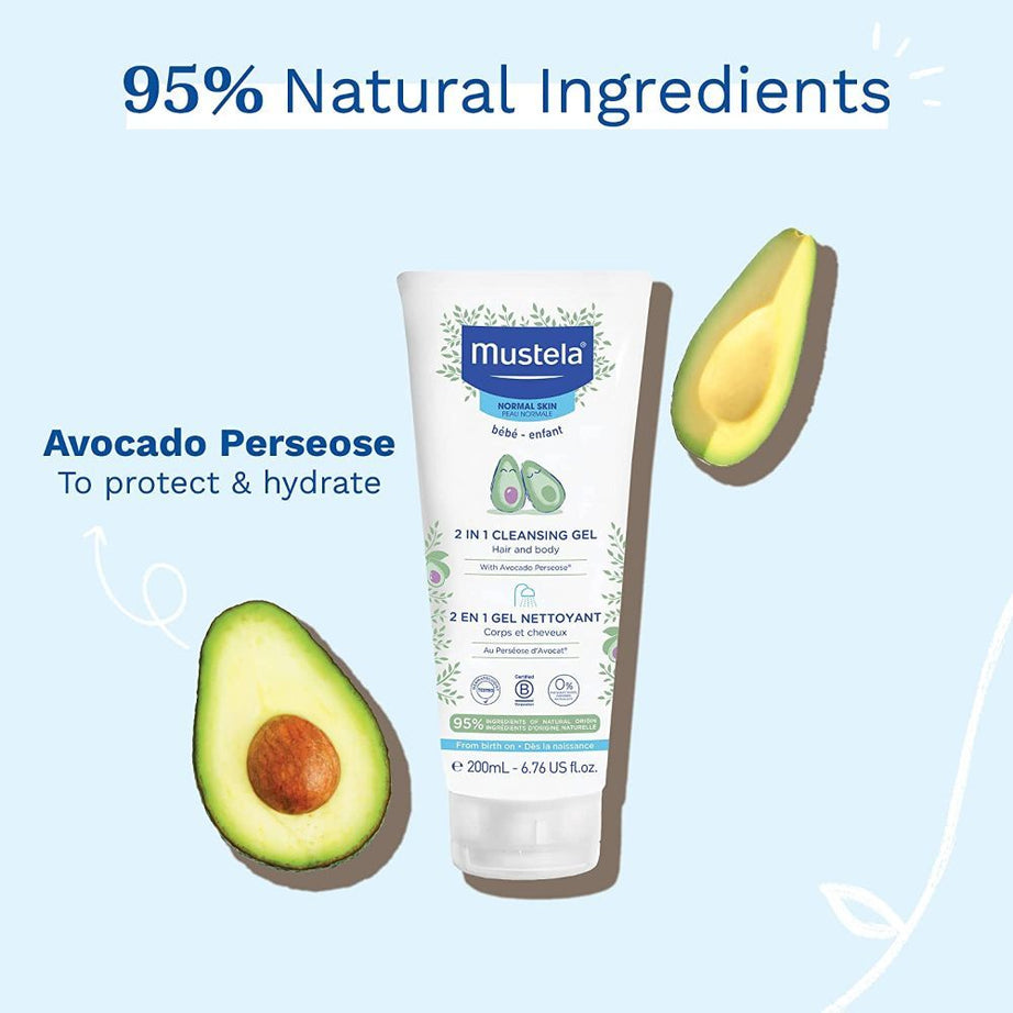 Mustela 2-in-1 Cleansing Gel with Organic Avocado – Tear-Free Hair & Body Wash for Babies with Normal Skin | 200ml