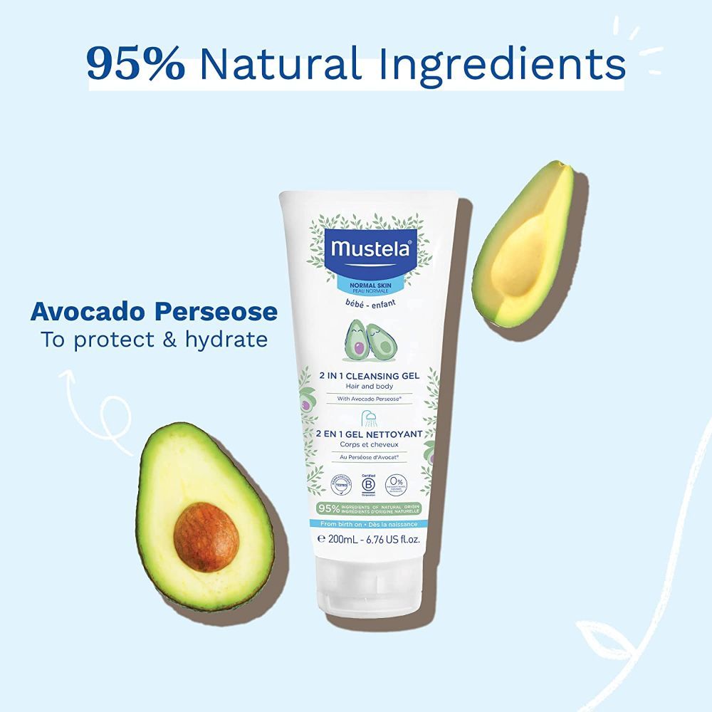Mustela 2-in-1 Cleansing Gel with Organic Avocado – Tear-Free Hair & Body Wash for Babies with Normal Skin | 200ml