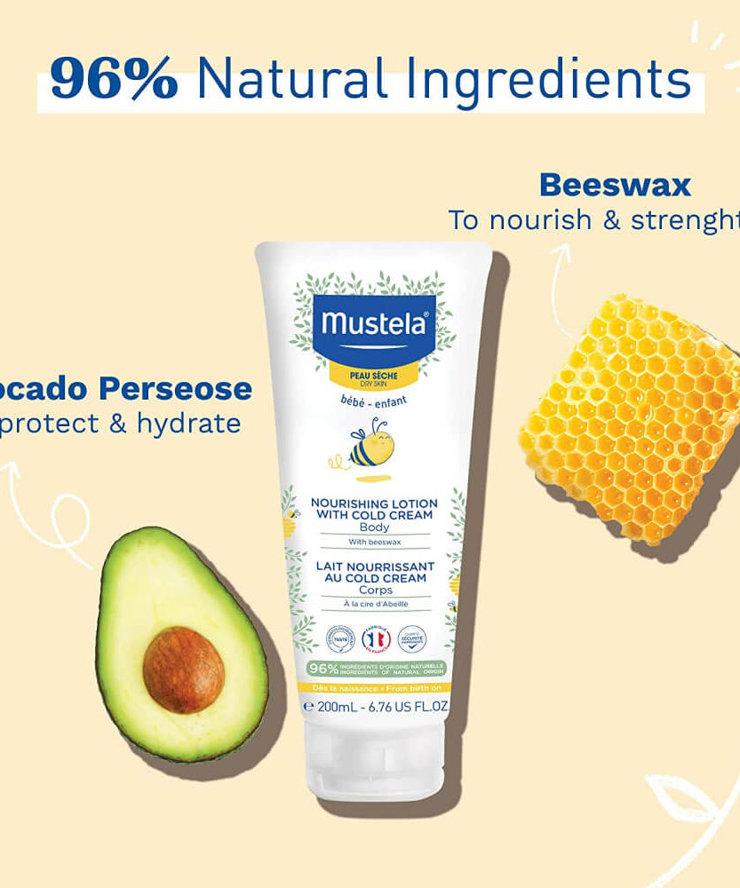 Mustela Nourishing Lotion with Cold Cream for Baby's Body - Organic Beeswax | 200ml | Made in France
