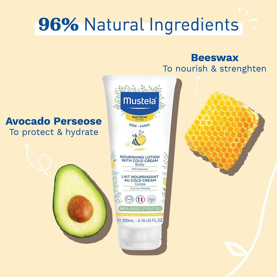 Mustela Nourishing Lotion with Cold Cream for Baby's Body - Organic Beeswax | 200ml | Made in France