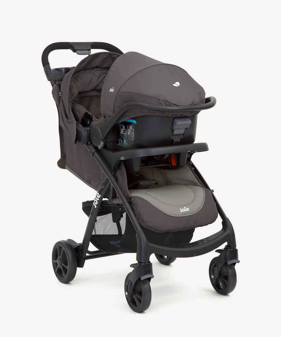 Joie Muze™ LX Travel System - Stroller & Juva™ Infant Carrier Bundle | Birth to 17.5kg | Auto Gravity Fold with Parent & Child Trays | No-Adapter Instant Travel System | Available in Coal, Dark Pewter & Laurel - MINIMEE KIDS