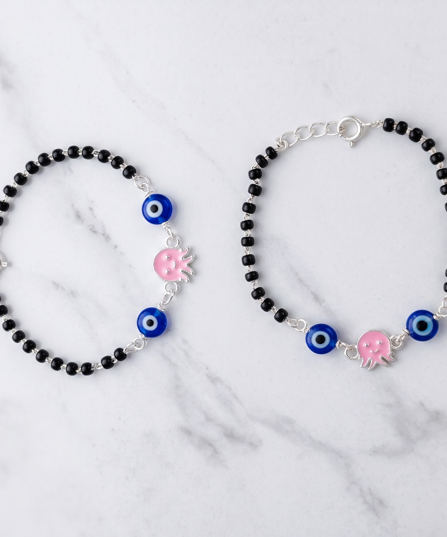 Pink Octopus & Blue Evil Eye Silver Baby Nazariya | 925 Hallmarked Silver Protective Bracelets | Adjustable Kids Jewelry | Set of 2
