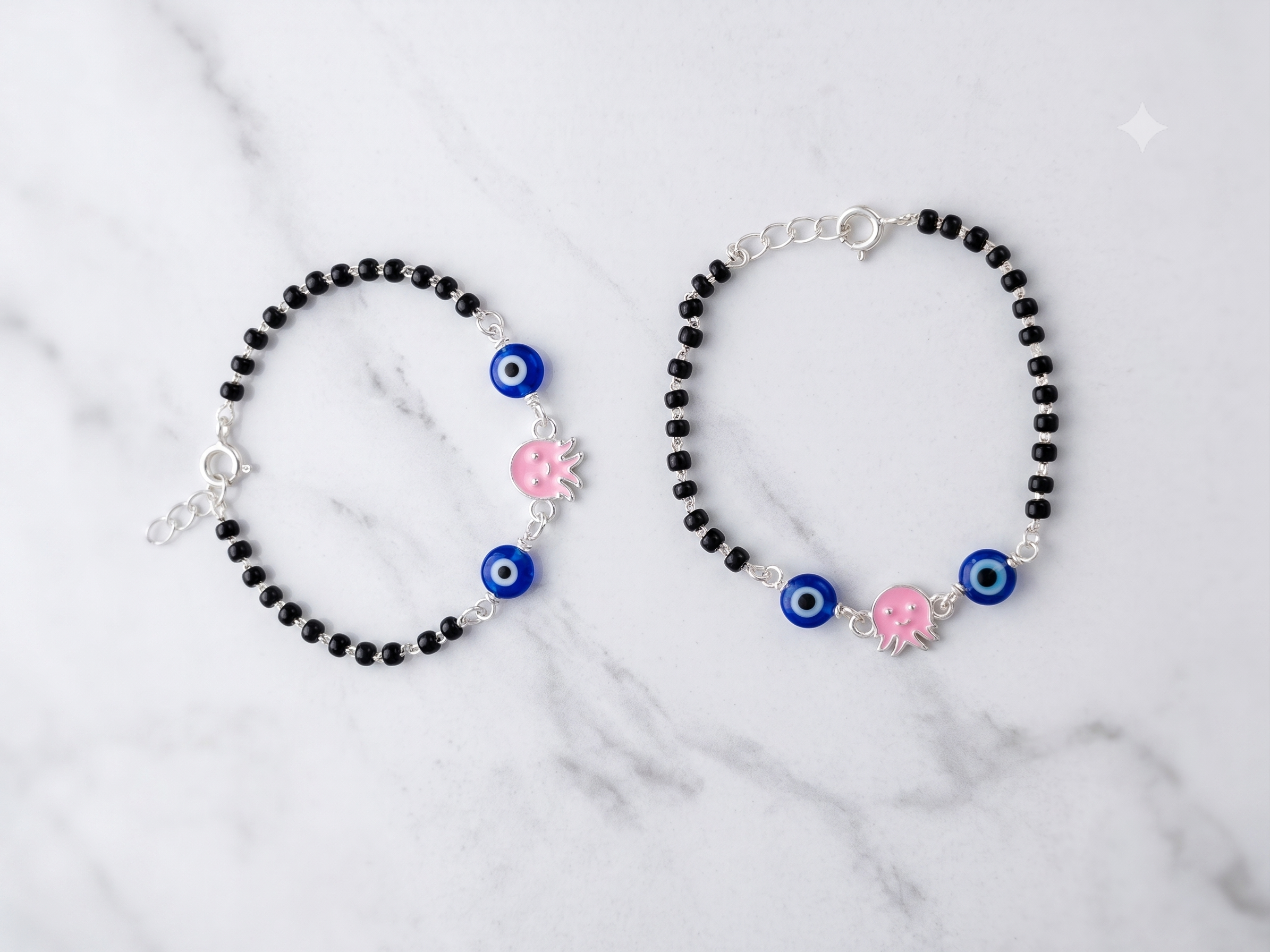 Pink Octopus & Blue Evil Eye Silver Baby Nazariya | 925 Hallmarked Silver Protective Bracelets | Adjustable Kids Jewelry | Set of 2