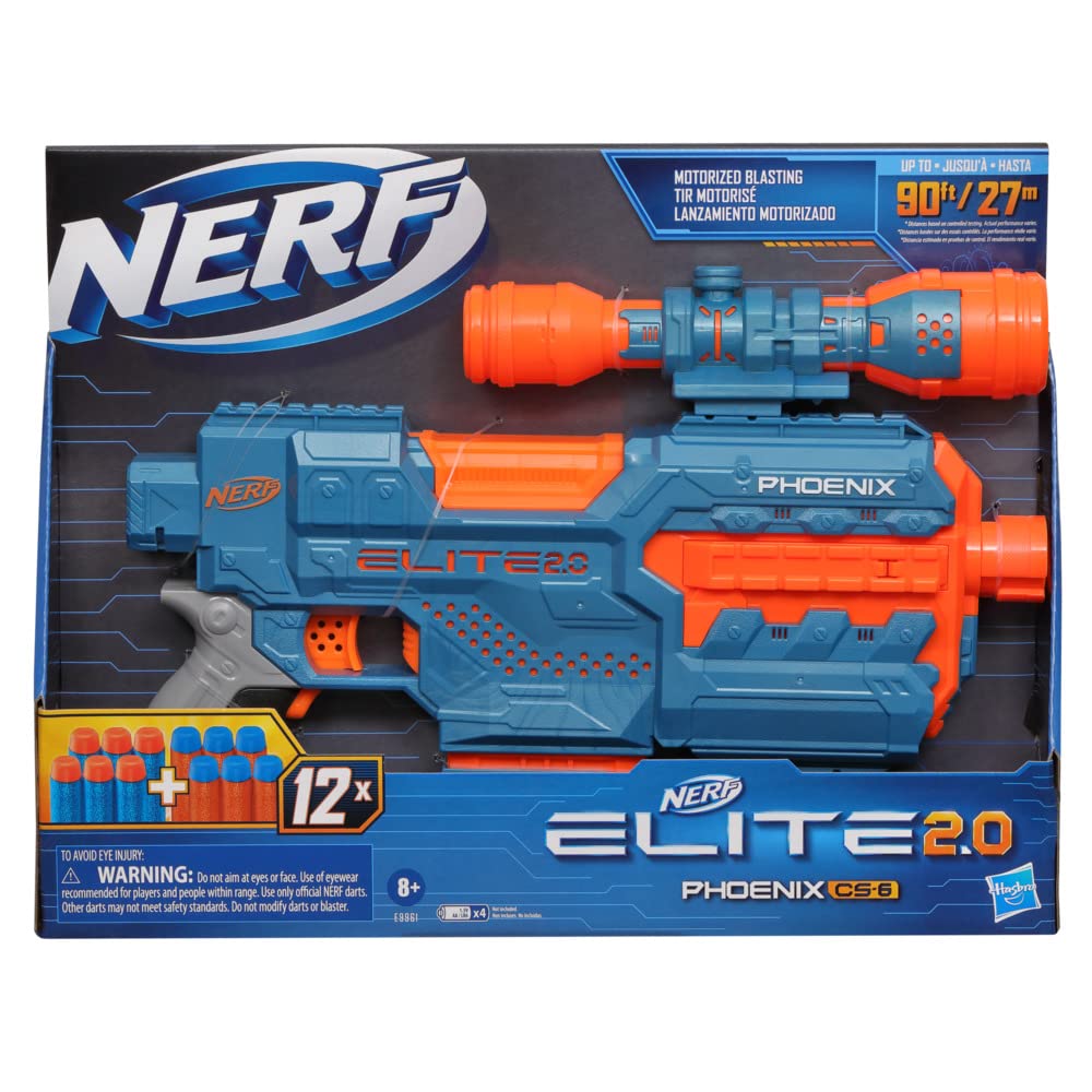 NERF Elite 2.0 Phoenix CS-6 Motorized Blaster Includes 12 Darts, 6-Dart Clip, Scope fires up to 90ft/27m for Ages 8+