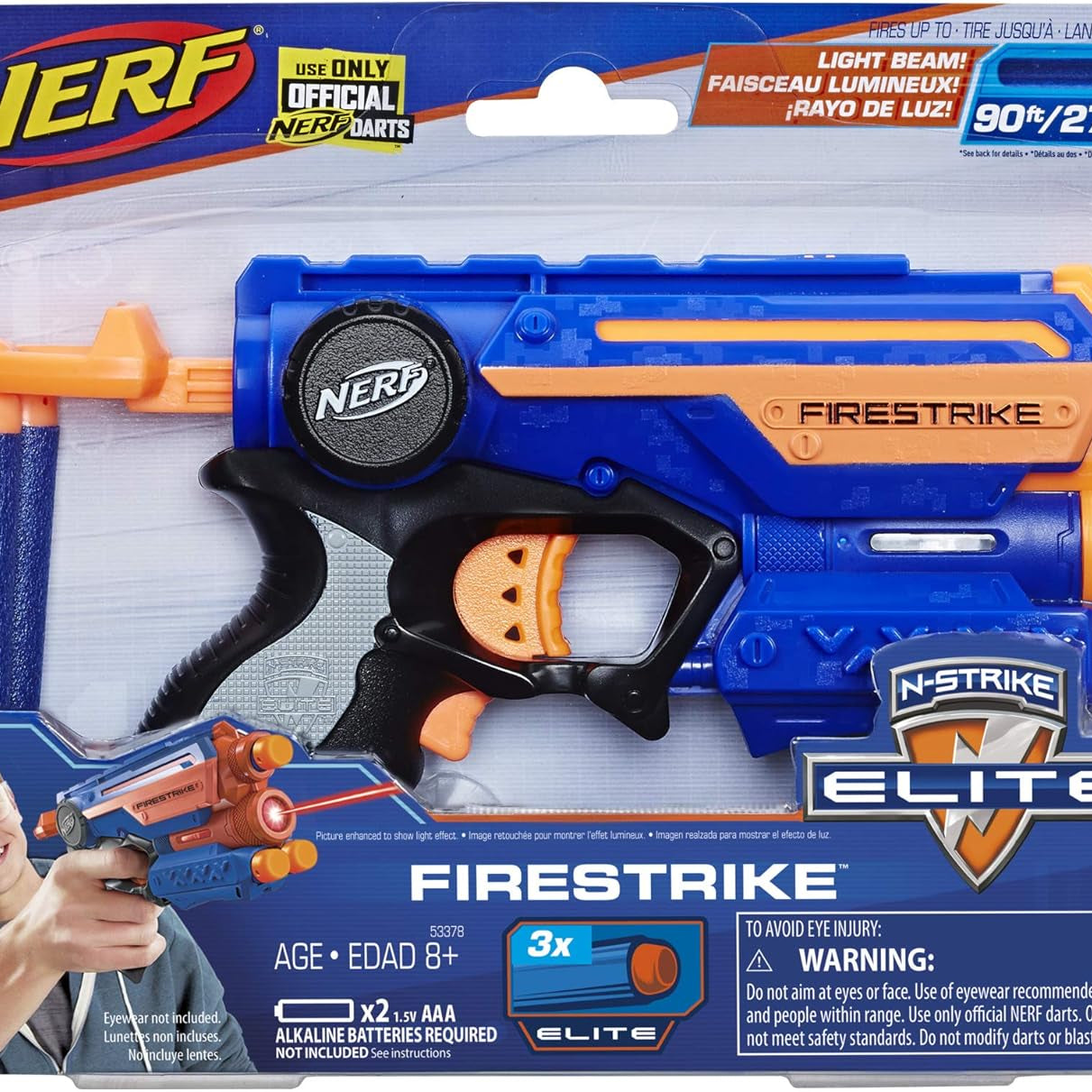 Nerf N-Strike Elite Firestrike Blaster with Light Beam | Fires up to 90ft/27m Includes 3 Darts Perfect Outdoor Toy for Boys & Girls 8+ years