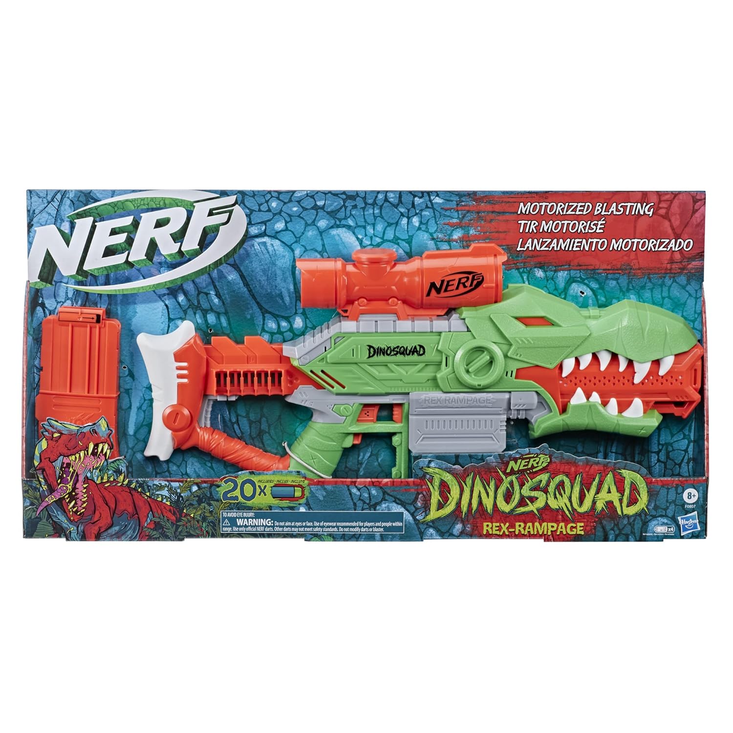 Nerf DinoSquad Rex-Rampage Motorized Dart Blaster 10-Dart Clip | Includes 20 Official Darts | 10-Dart Storage | T-Rex Dinosaur Design | Multicolor