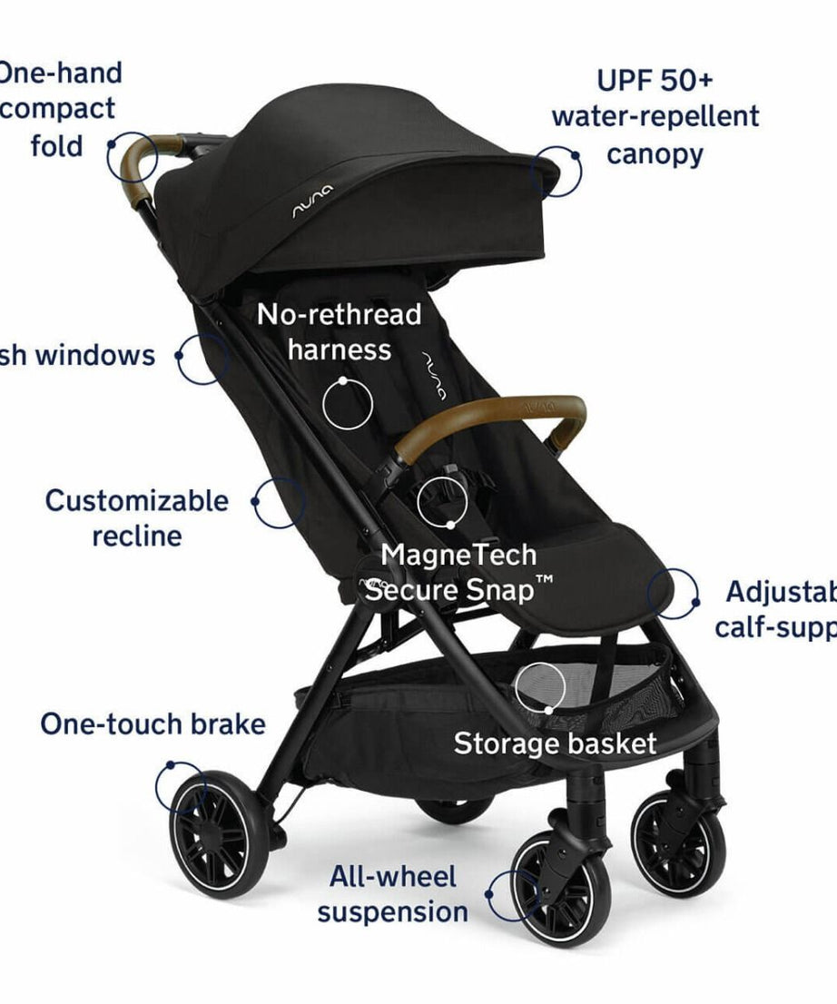 Nuna TRVL Lightweight Baby Stroller - One-Hand Self-Collapsing Fold, Compact Size Pram for 0M+ (Up to 22kg) - Caviar | Stylish and Convenient Stroller for Infants and Toddlers
