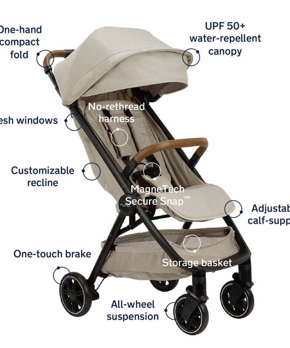 Nuna TRVL Lightweight Baby Stroller - One-Hand Self-Collapsing Fold, Compact Size Pram for 0M+ (Up to 22kg) | Biscotti - MINIMEE KIDS