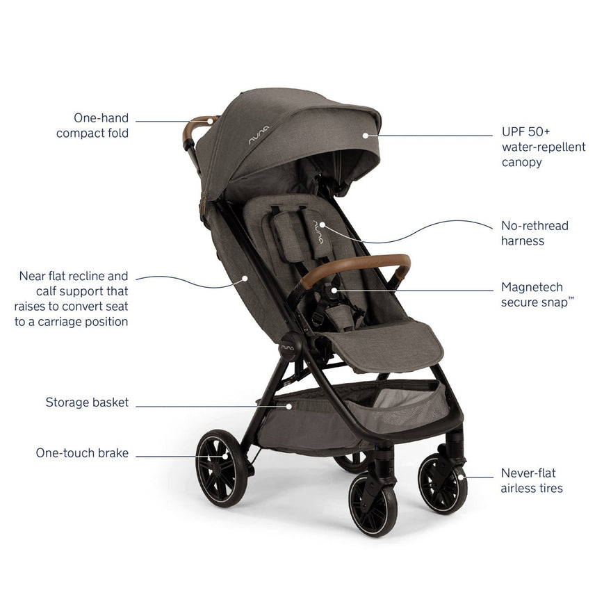 Nuna TRVL Compact Stroller in Granite – Ultra-Lightweight, Easy-Fold, and Stylish Stroller for Infants and Toddlers with One-Hand Recline, UPF 50+ Canopy, and Progressive Suspension for a Smooth Ride