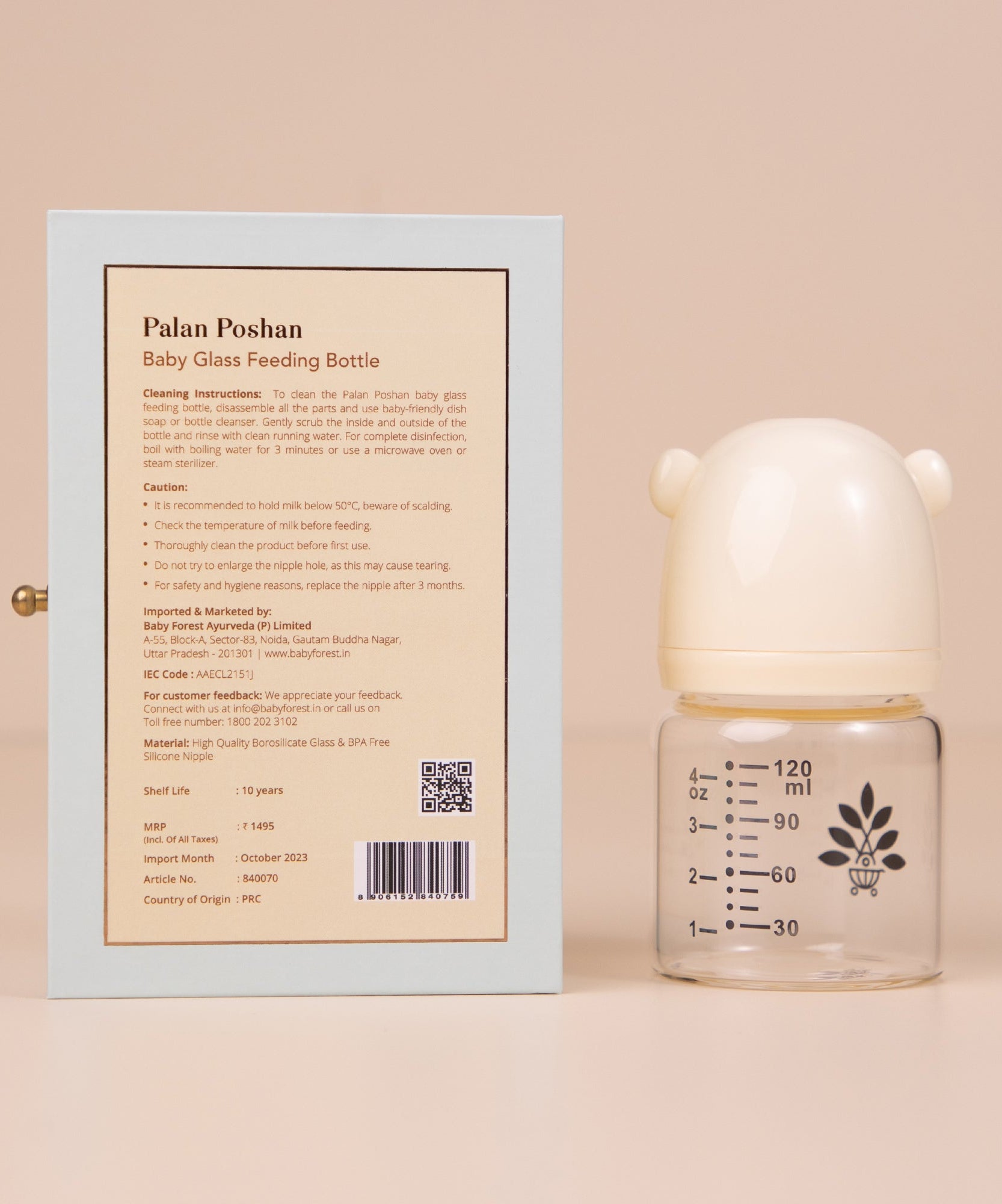 Baby Forest Palan Poshan Baby Glass Feeding Bottle – 120ml Newborn Anti-Colic Borosilicate Glass Bottle with BPA-Free Silicone Nipple