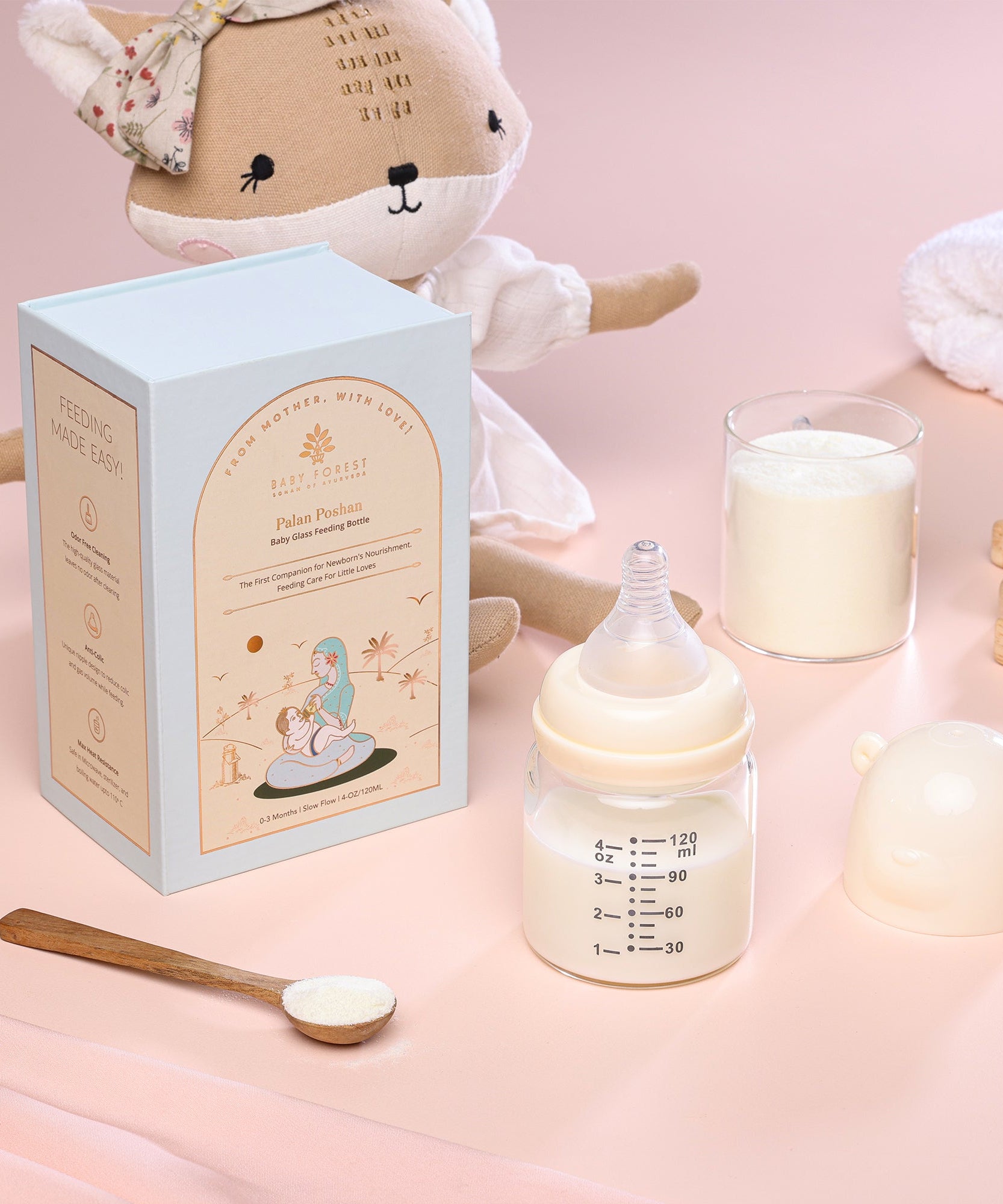 Baby Forest Palan Poshan Baby Glass Feeding Bottle – 120ml Newborn Anti-Colic Borosilicate Glass Bottle with BPA-Free Silicone Nipple